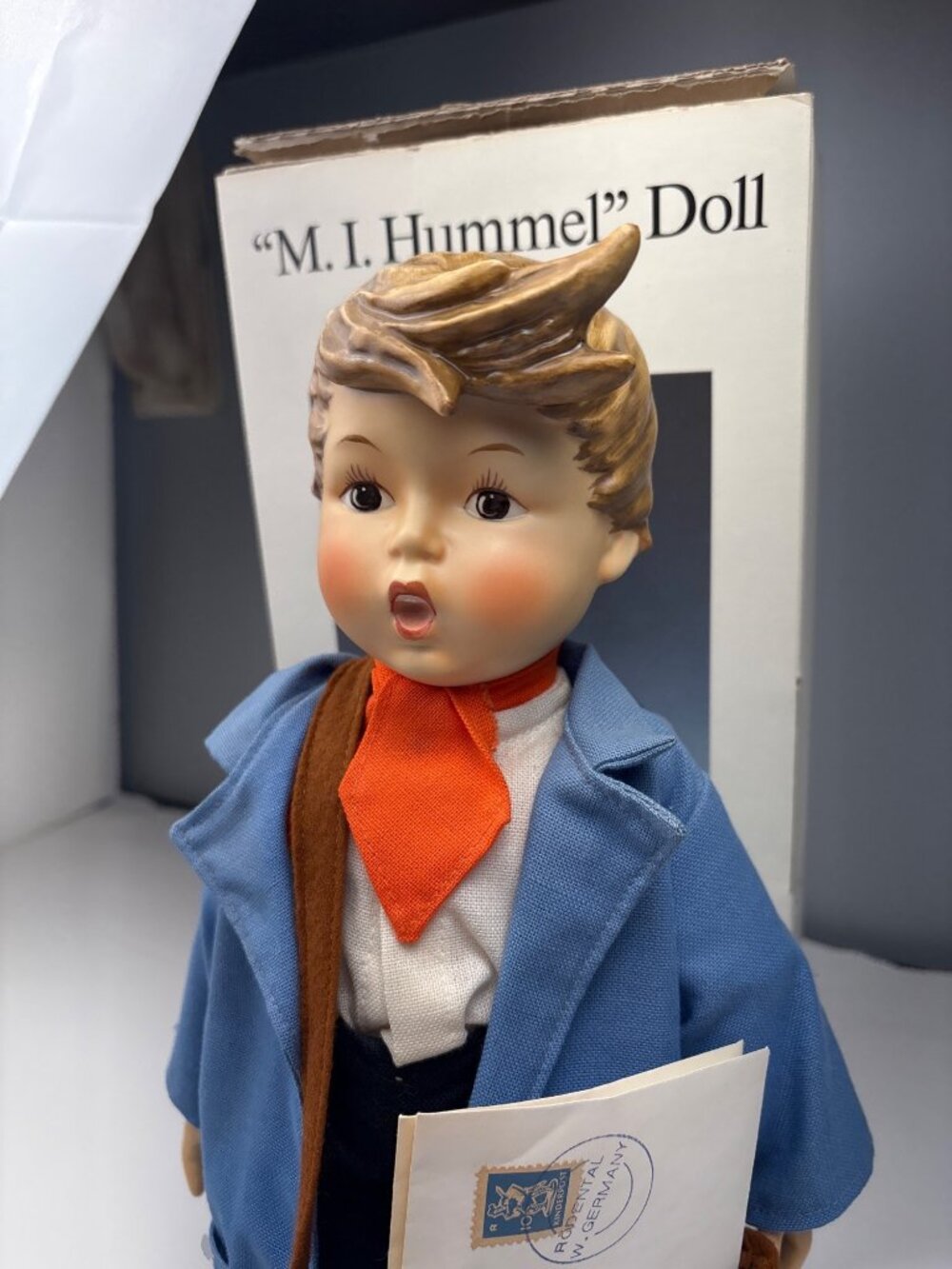 M.I. Hummel Postman Doll Porcelain Goebel Blue Outfit w/ Box Collectible 16" - Picture 2 of 16